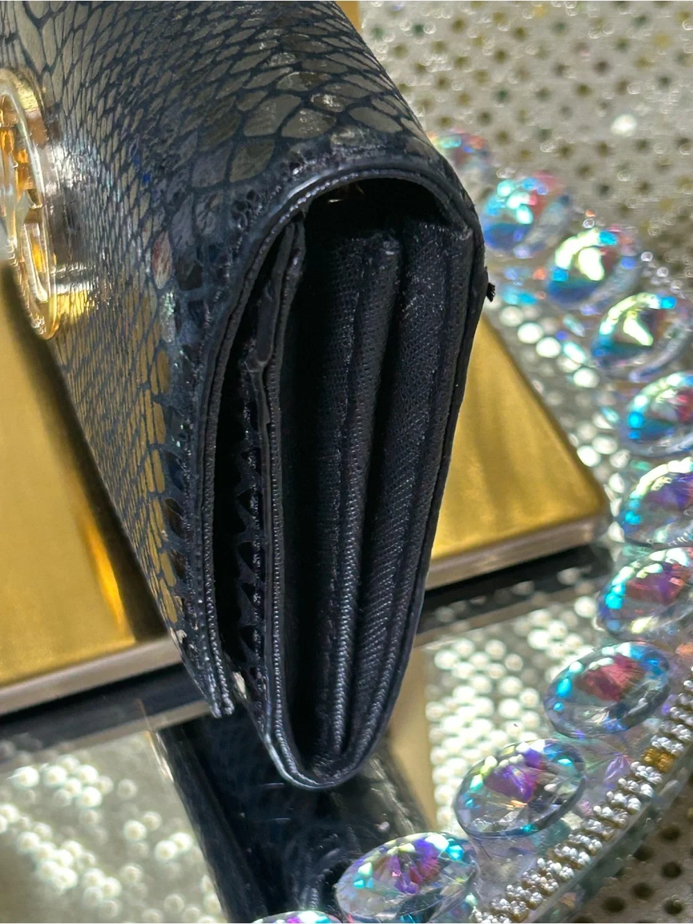 Michael Kors Black Snake-Embossed Wallet with Gold MK Emblem Approx. 6 x 4